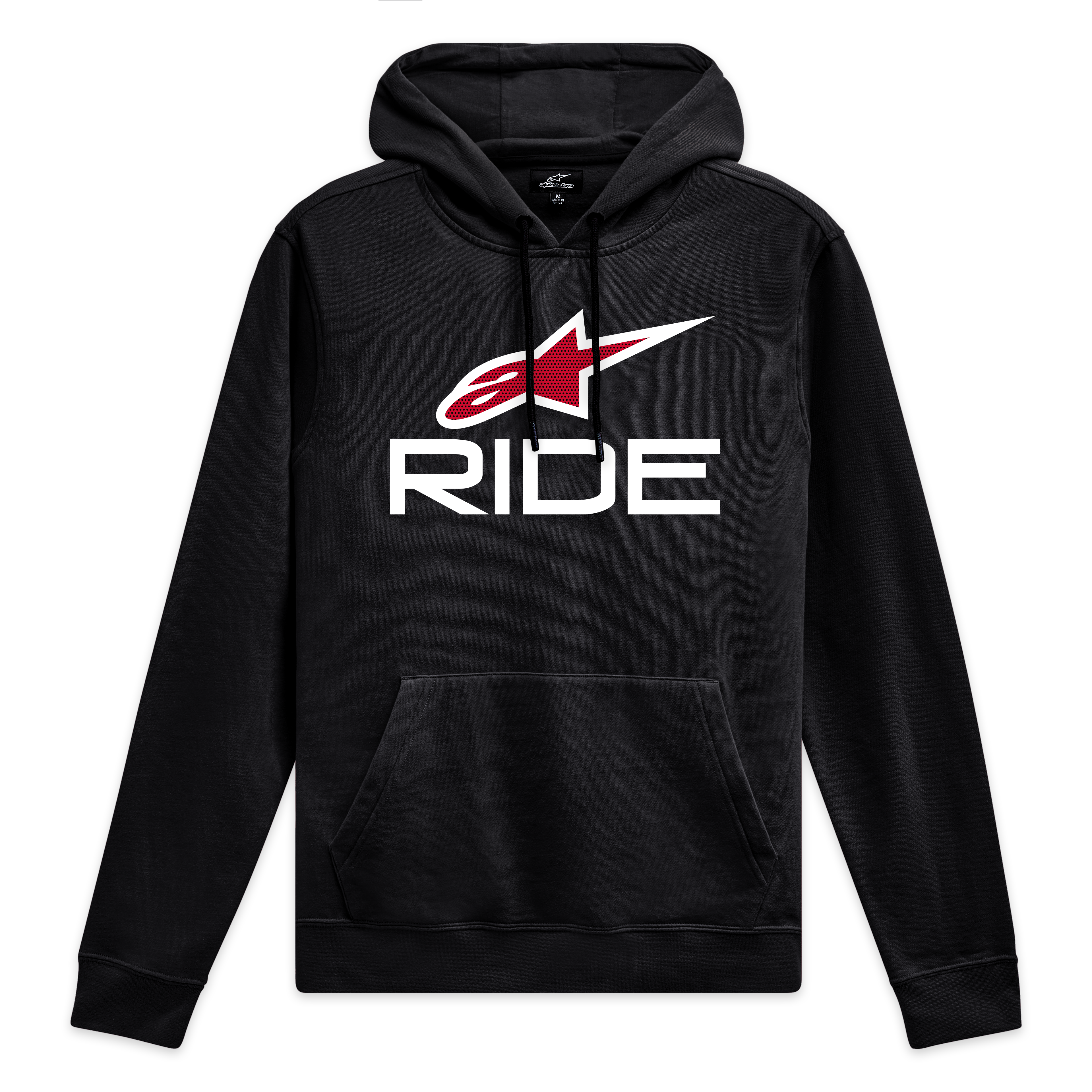 Alpinestars Ride 4.0 Hoodie, Black sportswear pullover with white and red front logo and jersey-lined hood