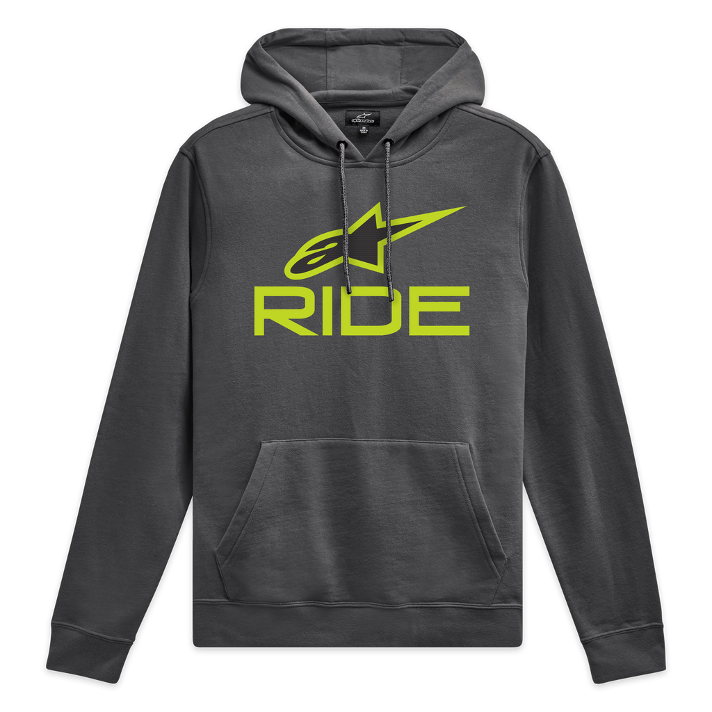 Alpinestars Ride Hoodie V 3, charcoal pullover hoodie with lime green front Ride logo and matching drawcords, sportswear fleece