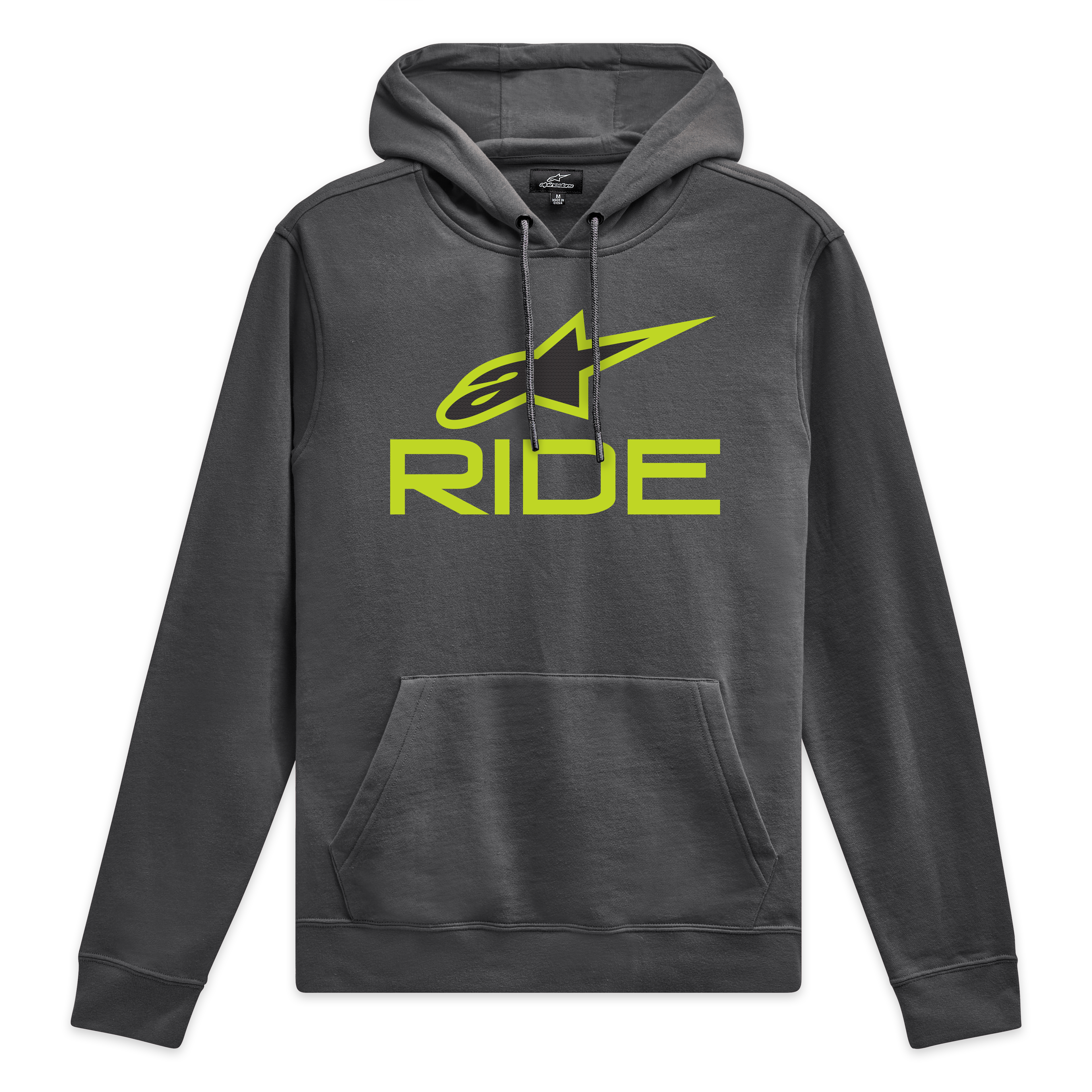 Alpinestars Ride Hoodie V 3, charcoal pullover hoodie with lime green front Ride logo and matching drawcords, sportswear fleece