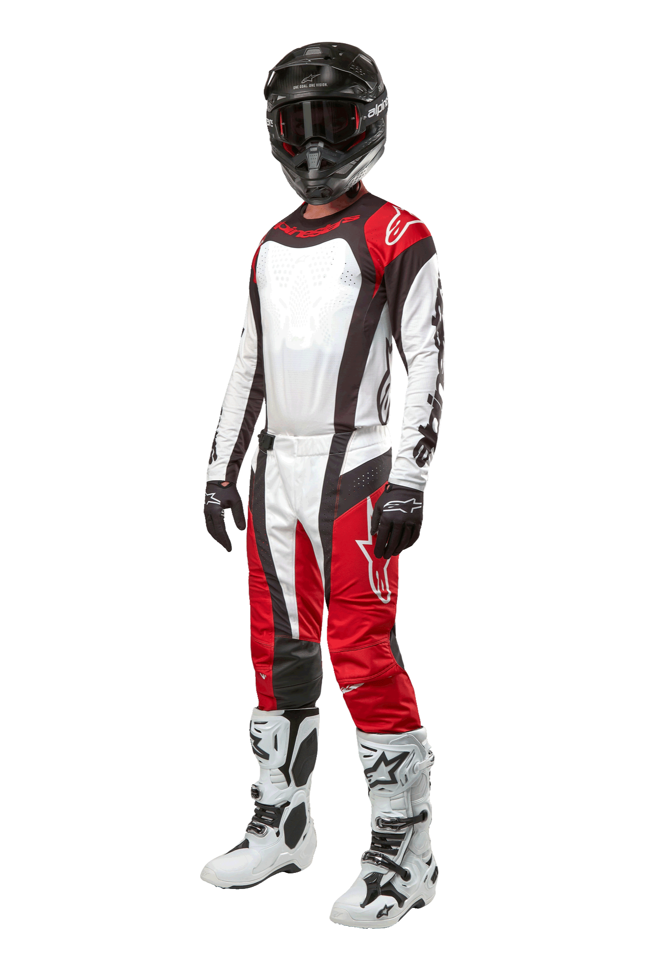 Motocross rider wearing full Alpinestars gear, 2024 Techstar Ocuri Pants in Mars Red White Black, matching jersey, black helmet with goggles, black and white gloves, and white motocross boots, professional off-road racing outfit