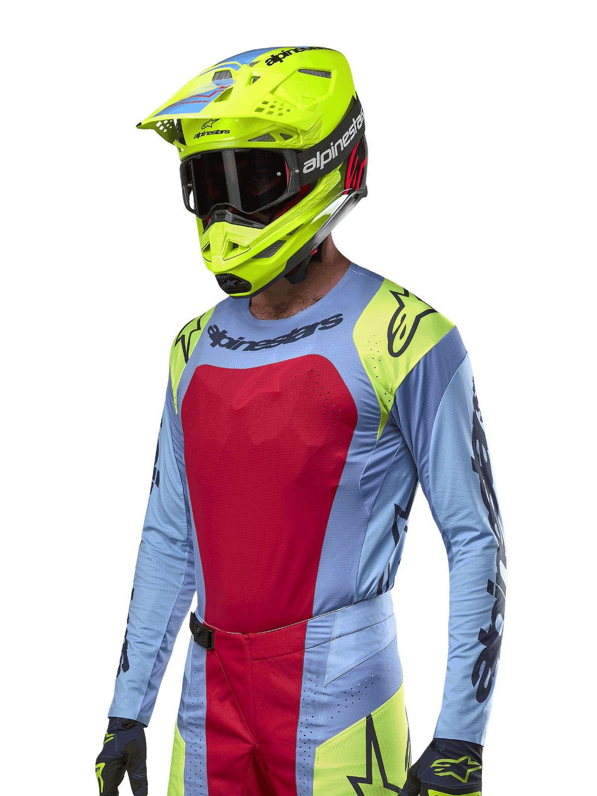 2024 Techstar Ocuri Jersey, Motocross Racing Jersey, Light Blue with Red and Fluo Yellow accents, worn with matching neon yellow helmet and black goggles, featuring black Alpinestars logos on chest and shoulders, athletic race-inspired design for off-road performance