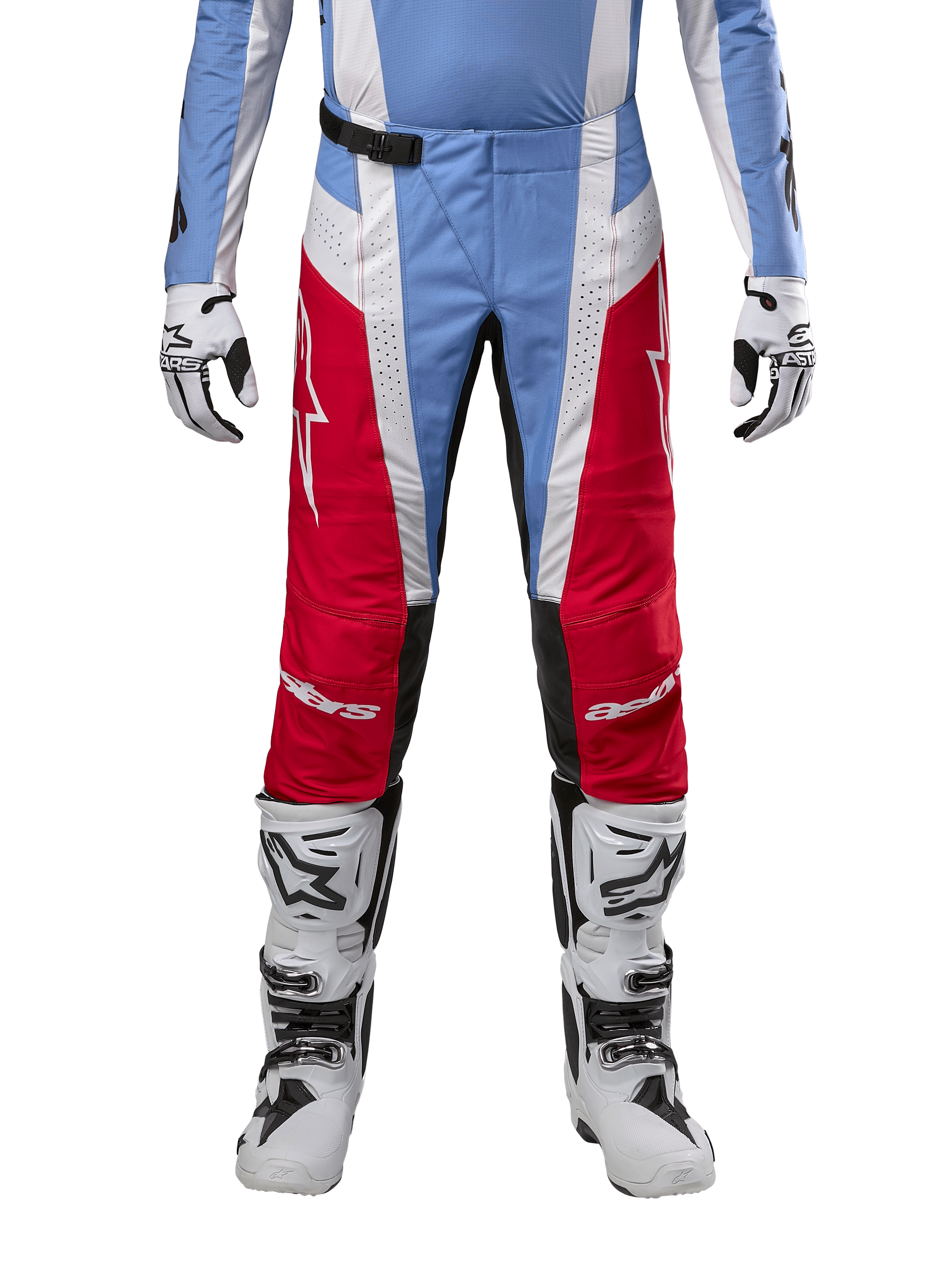 Alpinestars 2024 Techstar Ocuri Pants, Motocross Pants, Light Blue, Mars Red and White, front view from the waist down, paired with white and black motocross boots and gloves, technical gear designed for high-performance off-road racing.