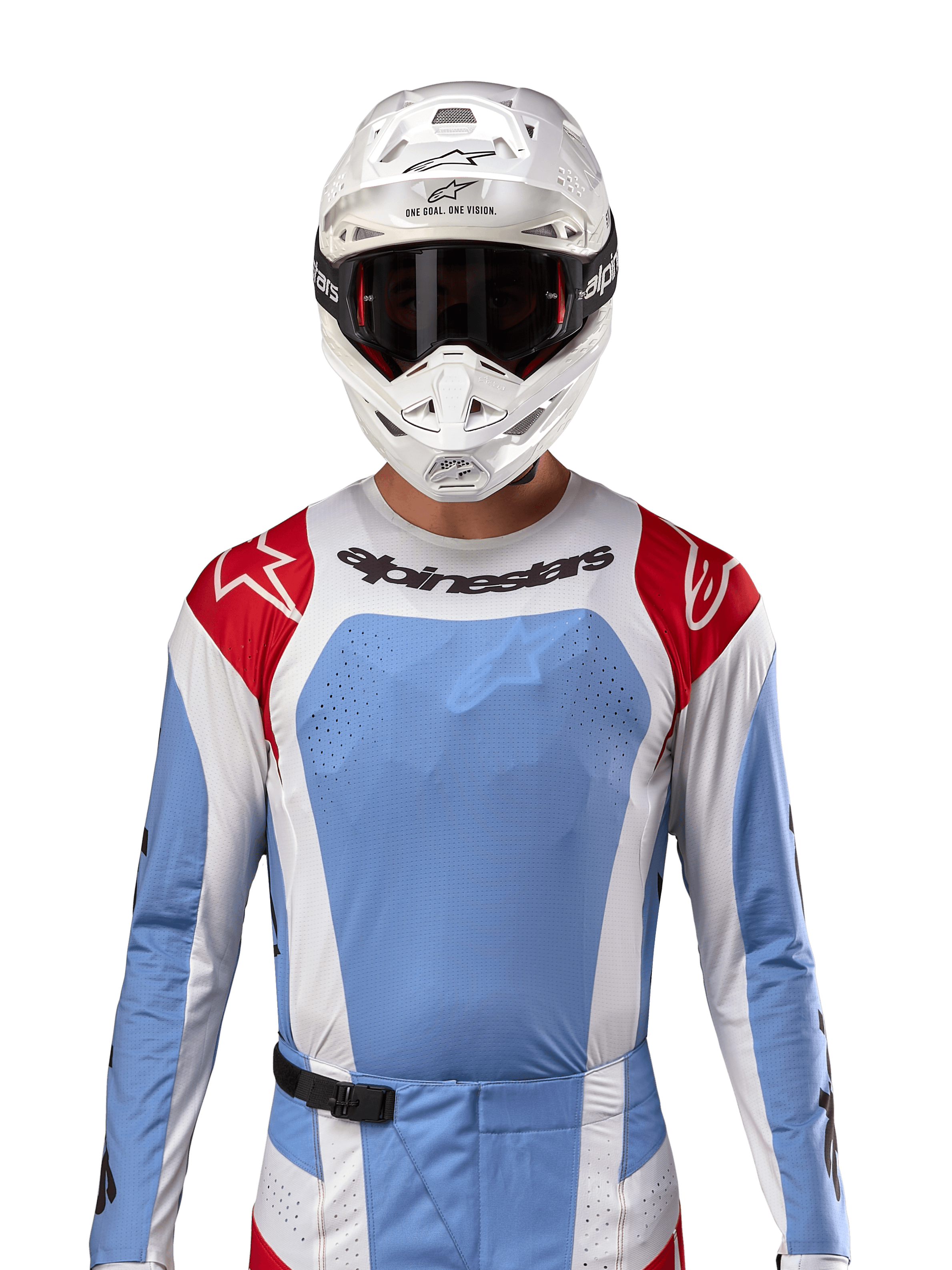 Alpinestars 2024 Techstar Ocuri Jersey, Motocross Racing Jersey, Light Blue Mars Red and White, front view featuring laser-cut ventilation and athletic fit, worn with a white helmet and goggles for a professional off-road racing look