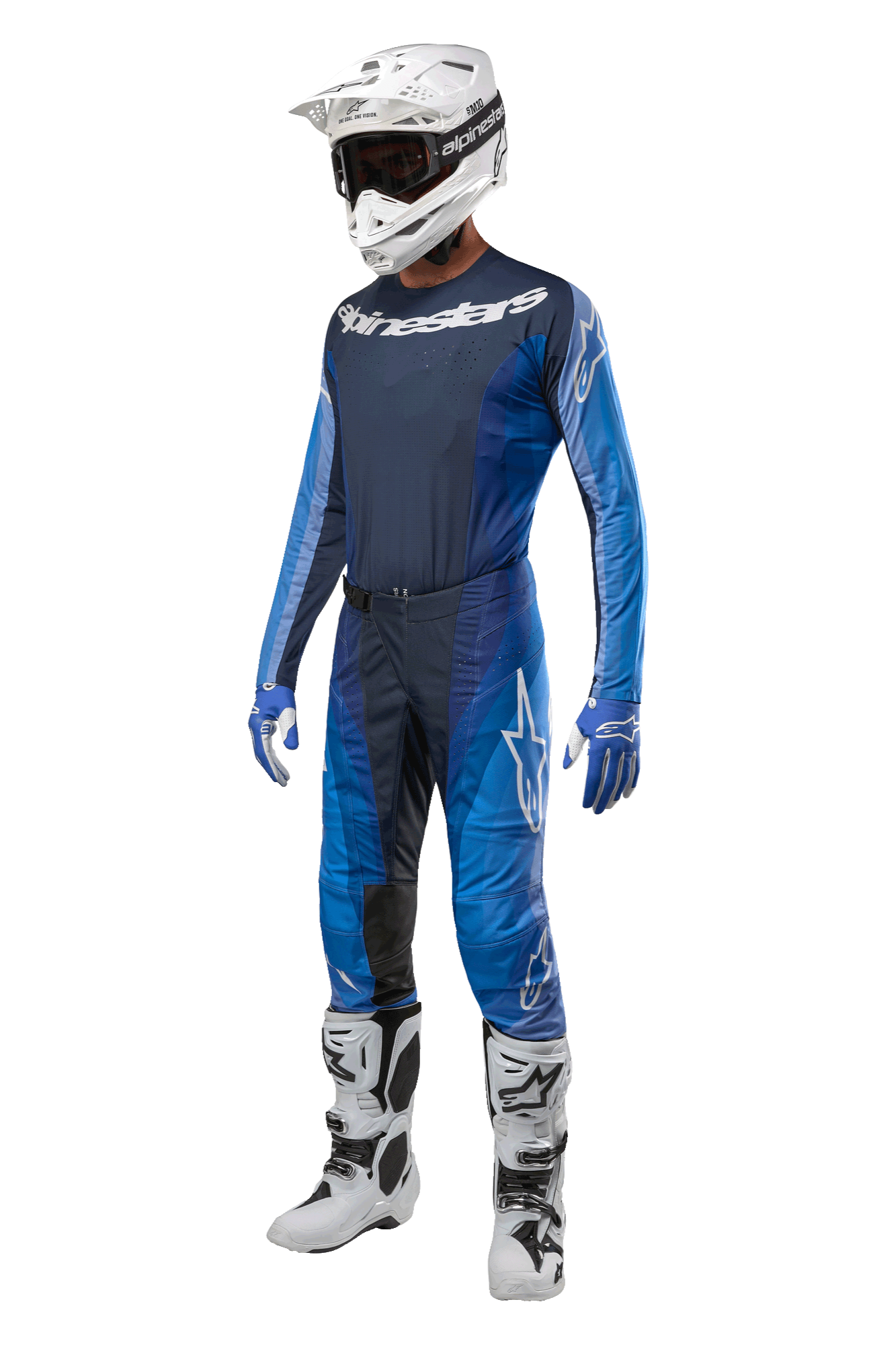 Alpinestars 2024 Techstar Pneuma Pants, Motocross Pants, Dark Navy and Light Blue, full racing kit featuring matching jersey, white helmet with goggles, blue and white gloves, and white boots, professional off-road gear setup
