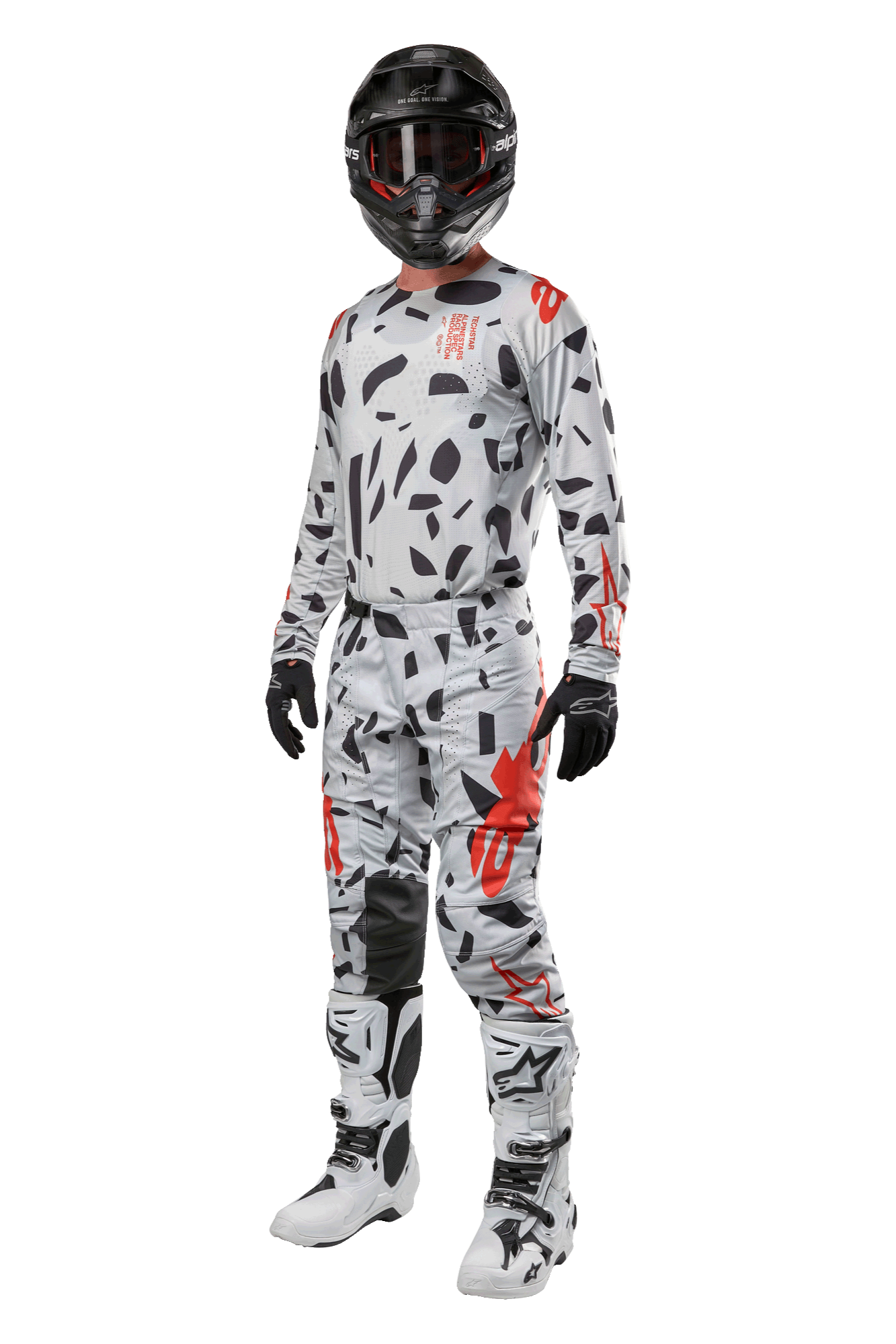 Alpinestars 2024 Techstar Rantera Pants, Motocross Pants, Haze Gray Camo, worn with matching jersey, black helmet, and white and black boots, featuring black abstract patterns and red accents, complete off-road racing gear