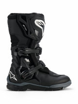 Alpinestars Corozal V2 Adventure Drystar® Boots, Black, rugged adventure motorcycle boot with white Alpinestars logos on the shin and heel, two adjustable polymer buckles, and a durable multi-material construction designed for all-terrain riding.