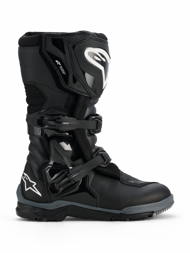 Alpinestars Corozal V2 Adventure Drystar® Boots, Black, rugged adventure motorcycle boot with white Alpinestars logos on the shin and heel, two adjustable polymer buckles, and a durable multi-material construction designed for all-terrain riding.