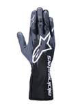 Alpinestars Tech-1 K V3 Gloves, Karting Gloves, Black Anthracite, featuring a large white Astar logo on the back of the hand, dark gray camo-style pattern, and a gauntlet cuff with vertical white Alpinestars branding