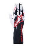 Alpinestars Tech-1 K V3 Gloves, Karting Gloves, Black White Red, featuring a white and black splattered graphic design on the back, large red Alpinestars logo, red branding on the long gauntlet cuff, professional motorsport gear.