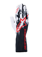 Alpinestars Tech-1 K V3 Gloves, Karting Gloves, Black White Red, featuring a white and black splattered graphic design on the back, large red Alpinestars logo, red branding on the long gauntlet cuff, professional motorsport gear.