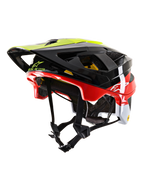 Alpinestars Vector Tech Pilot MTB Helmet CE, Mountain Bike Helmet, Black Red White and Yellow Fluo, glossy finish with multiple ventilation ports, adjustable visor, MIPS branding, sleek aerodynamic design for off-road cycling
