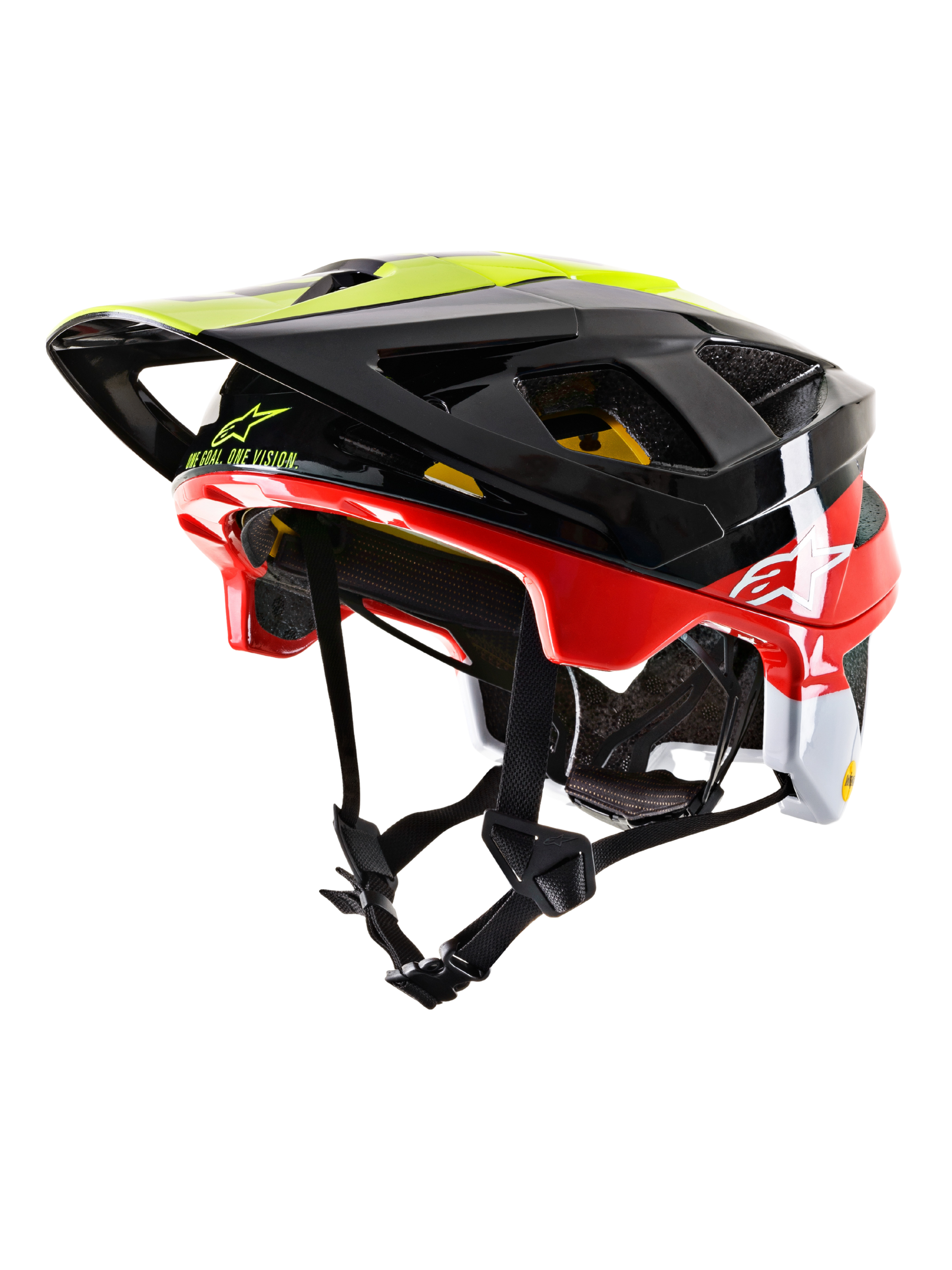 Alpinestars Vector Tech Pilot MTB Helmet CE, Mountain Bike Helmet, Black Red White and Yellow Fluo, glossy finish with multiple ventilation ports, adjustable visor, MIPS branding, sleek aerodynamic design for off-road cycling