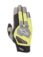 Alpinestars Engine Gloves, Karting and Mechanics Gloves, Black and Fluorescent Yellow, backhand view featuring grey mesh panels and a TPR knuckle guard with Alpinestars logo, lightweight and breathable multi-material construction