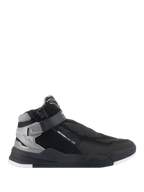 Alpinestars Speedflight Street Shoes, Motorcycle Riding Shoes, Black and Gun Metal, high-top sneaker profile featuring a textured mesh upper, lateral zip and ankle strap closure, thick black sole with white outsole details, urban riding style