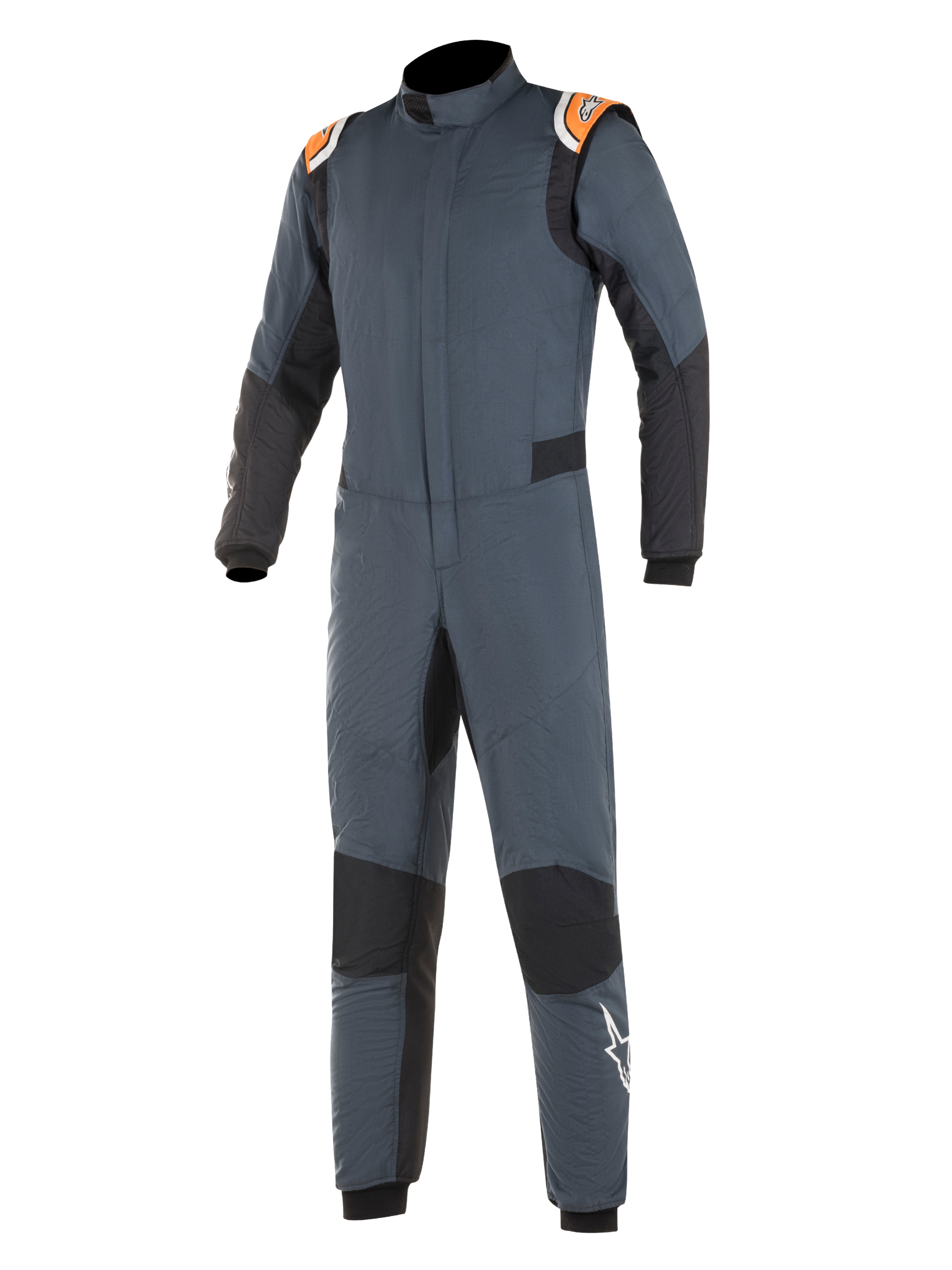 Alpinestars Hypertech Suit, Auto Racing Suit, Asphalt Gray and Black with Orange Fluo accents, featuring black stretch panels, orange shoulder epaulettes with branding, and white star logo on the leg, professional two-layer fire-resistant construction for motorsport performance