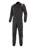 Alpinestars Hypertech Suit, Professional Auto Racing Suit, Black with Red and White shoulder accents, quilted two-layer construction, high collar, fitted design with ribbed wrist and ankle cuffs, FIA-certified motorsport protection