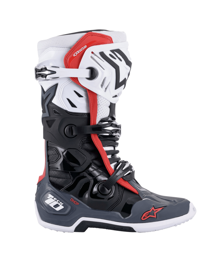 Alpinestars Tech 10 Supervented Boots, Motocross Boots, Black White Mid Gray and Red, side profile view featuring multiple buckle closures, ventilated panels, and red Alpinestars logos, technical off-road footwear design