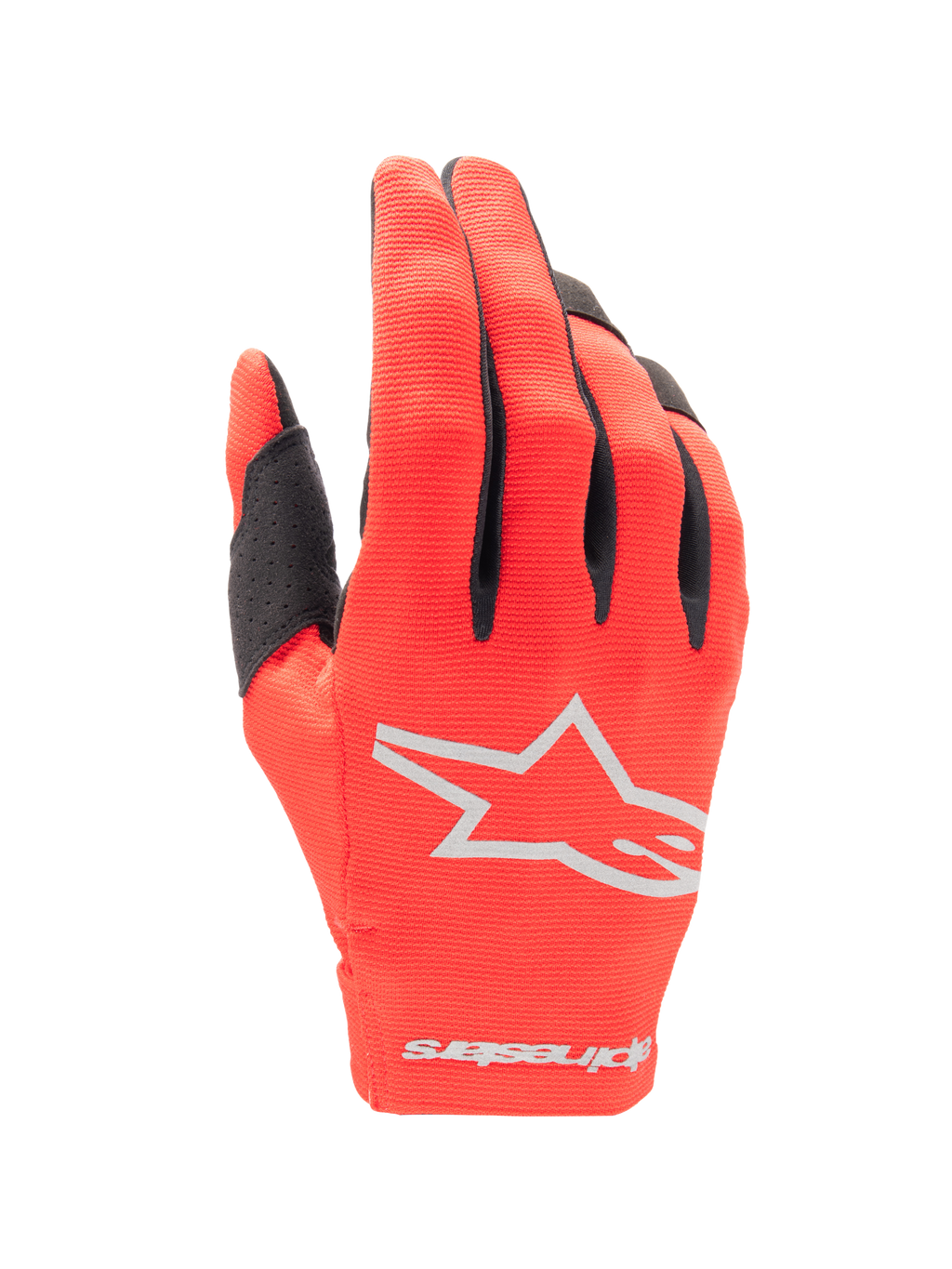 Alpinestars 2025 Radar Gloves, Motocross Gloves, Mars Red and Silver, backhand view featuring a silver star logo, black finger accents, and flexible stretch fabric for off-road racing