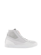 Alpinestars Stated Shoes, Urban Motorcycle Riding Shoes, White and Cool Gray, high-top sneaker featuring a ribbed knitted ankle collar, nubuck and canvas upper, white vulcanized rubber sole, minimalist retro design with red logo detail on the tongue