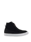 Alpinestars Stated Shoes, Black High-Top Motorcycle Sneakers, Black and White, ribbed ankle detail, red lace accents, white vulcanized sole, casual urban riding footwear