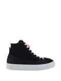 Alpinestars Stella Stated Podium Shoes, Women's High-Top Riding Sneakers, Black and White, ribbed ankle texture, white laces, thick white vulcanized sole, red heel loop, sleek urban design with embossed side pattern
