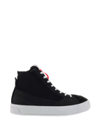 Alpinestars Stella Stated Podium Shoes, Women's High-Top Riding Sneakers, Black and White, ribbed ankle texture, white laces, thick white vulcanized sole, red heel loop, sleek urban design with embossed side pattern