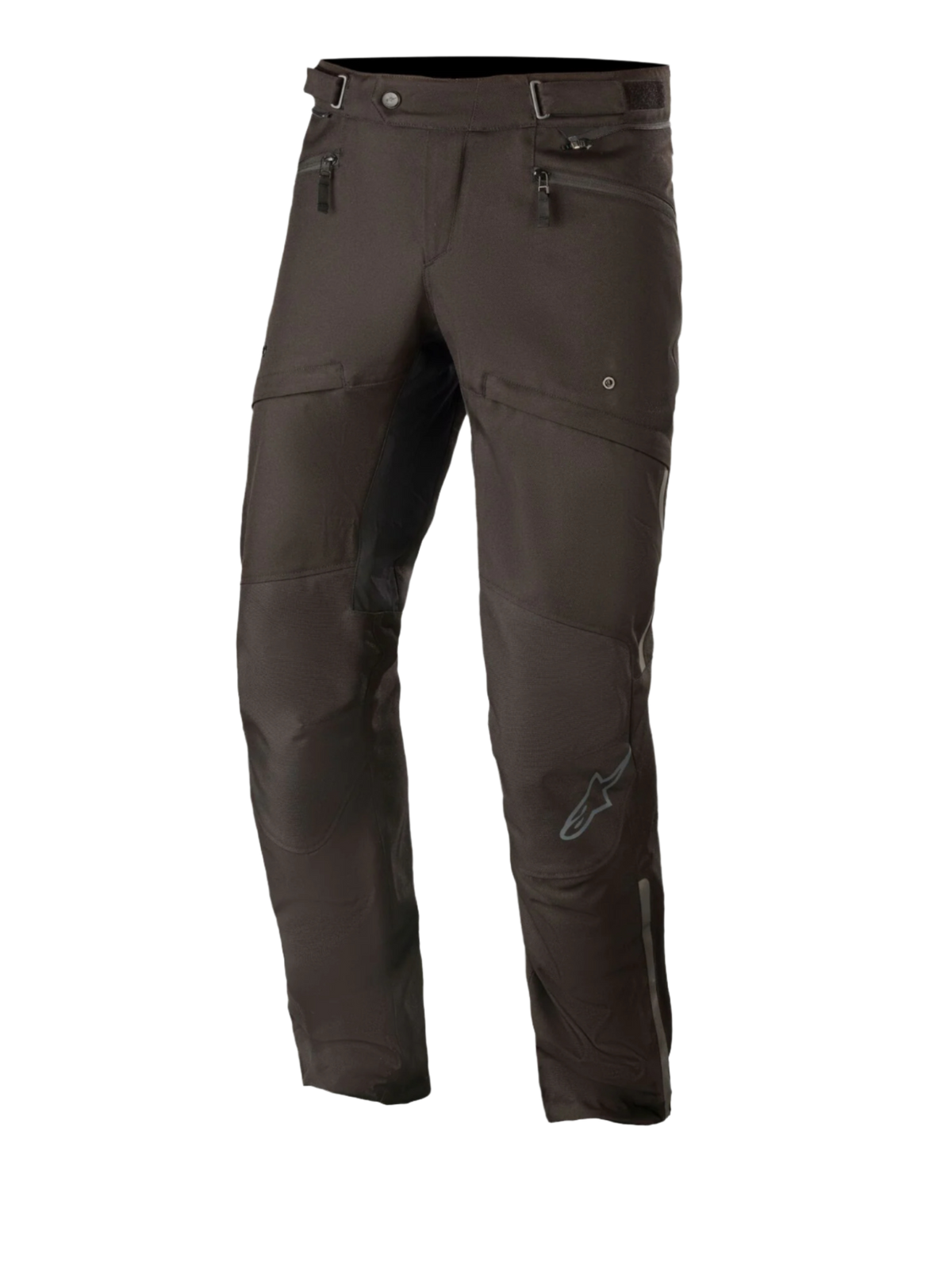 Alpinestars AST-1 V2 Waterproof Pants Long, Black Motorcycle Touring Pants, featuring zippered hip pockets and adjustable waist straps, pre-curved legs with reinforced knee panels, subtle grey logo on the shin, durable textile construction for all-weather road use