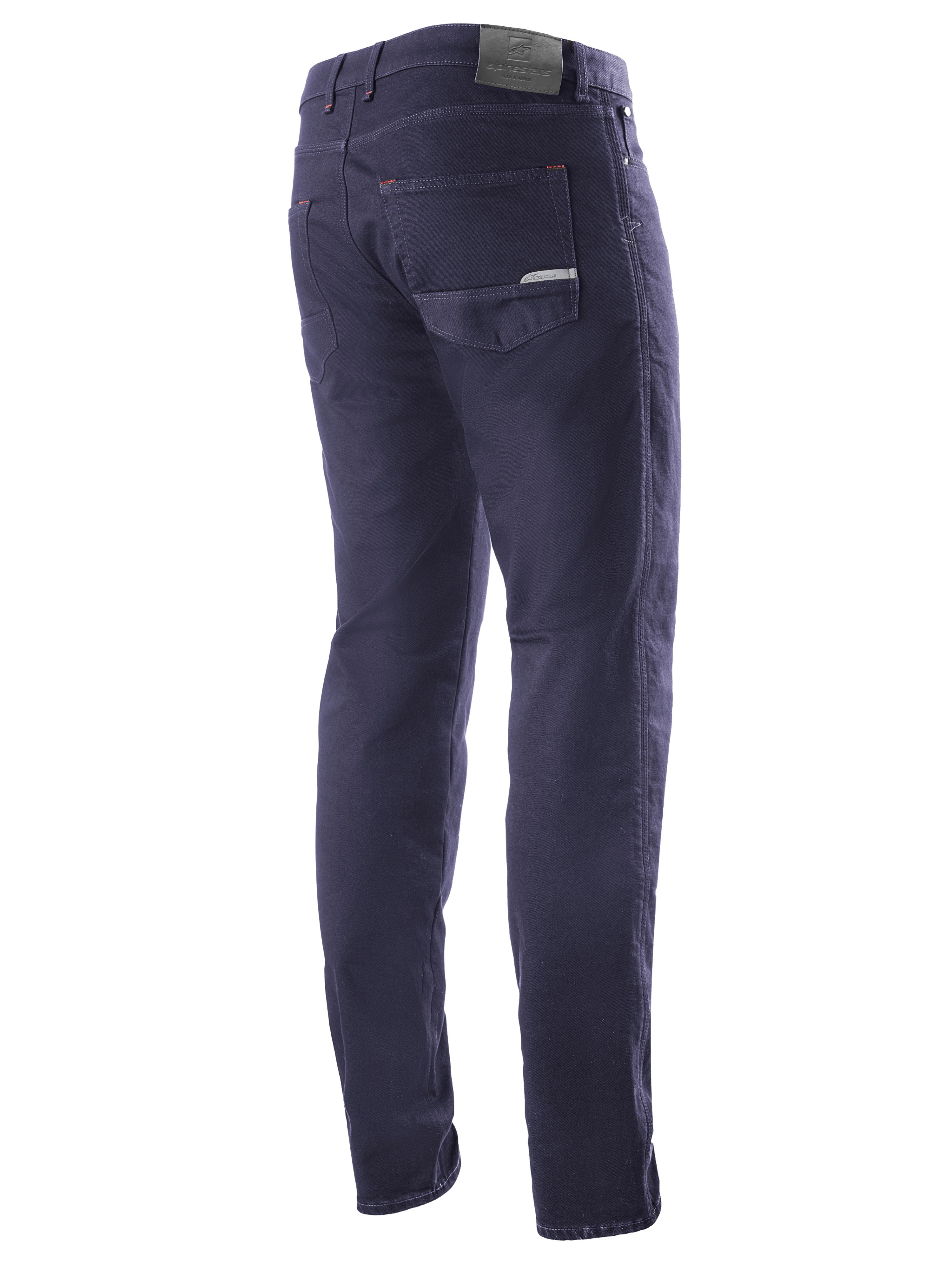 Alpinestars Copper V2 Denim Pants Short Length, Rinse Blue, rear three-quarter view showing back pockets and leather waistband patch, urban motorcycle riding jeans with a classic denim look