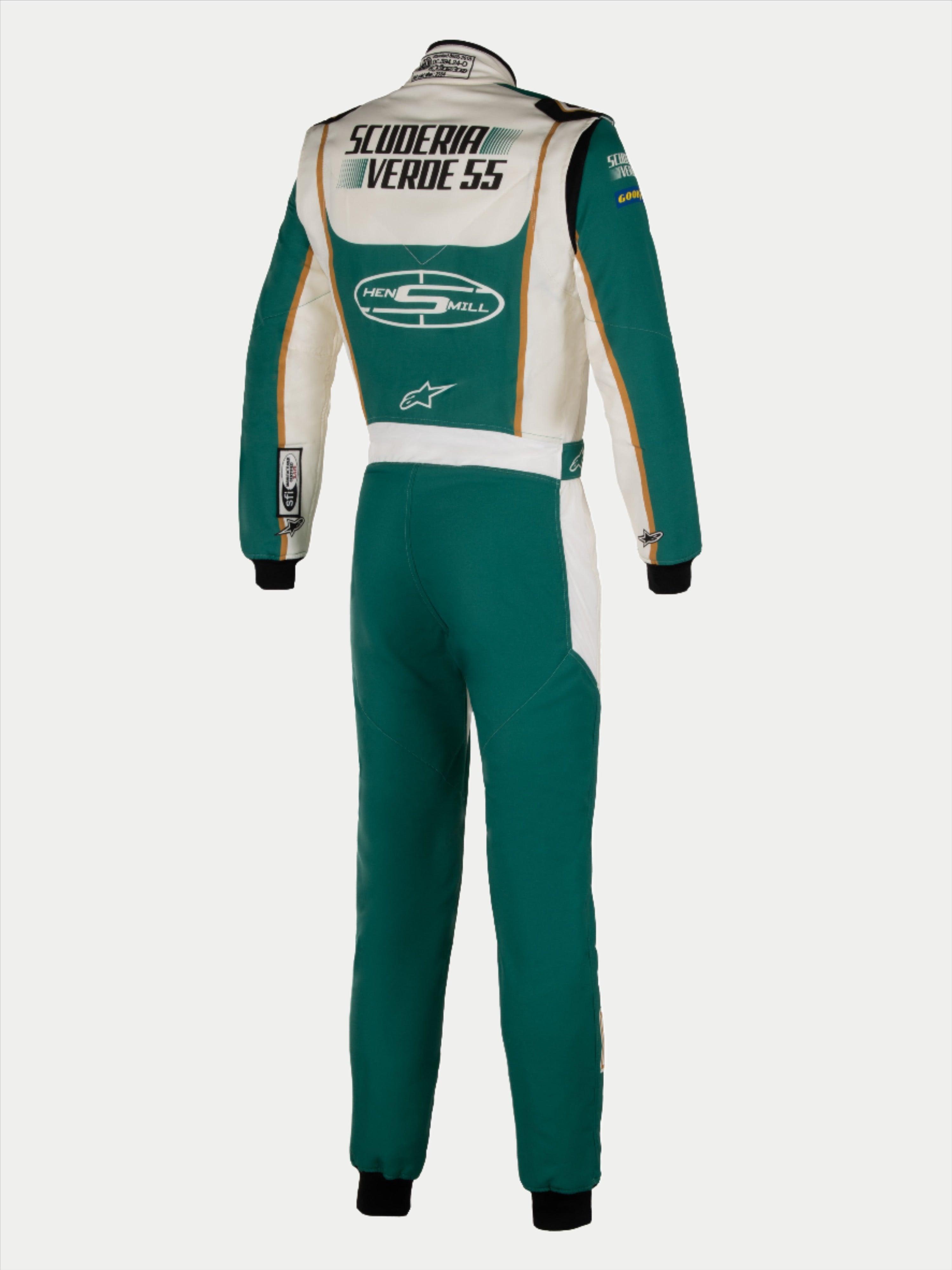 Alpinestars Tech Vision V3 Custom Suit, Rear View, Teal Green and White with Gold Accents, Custom "Scuderia Verde 55" and "Hens Mill" Branding, Professional FIA/SFI Approved Racing Suit
