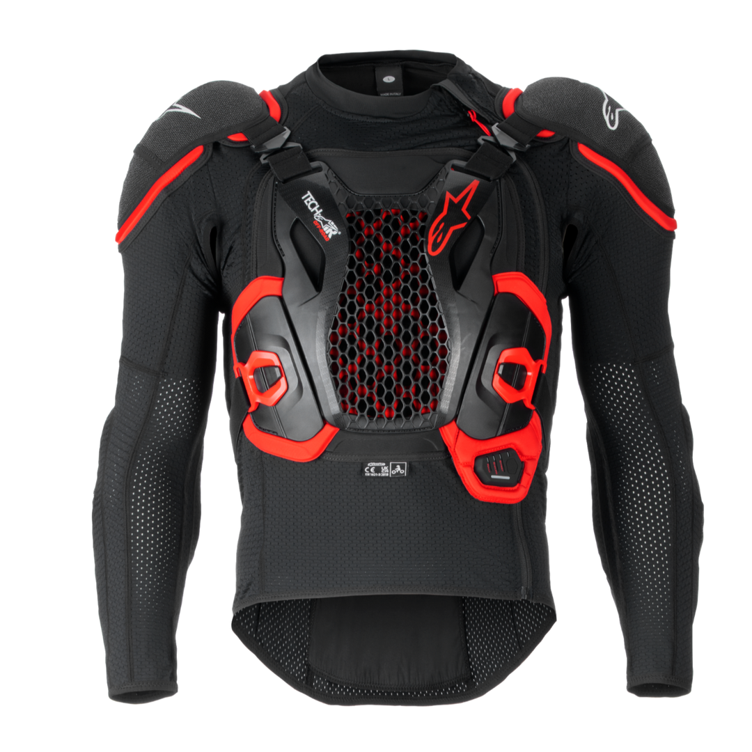 Tech-Air® Off-Road System, black and red motorcycle airbag jacket with hexagonal mesh chest panel and padded shoulders.