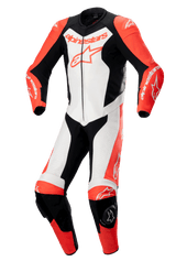 Alpinestars GP Force Lurv 1-Piece Leather Suit, Professional Motorcycle Racing Suit, Red Fluo White and Black, featuring performance bovine leather construction with perforated panels, DFS Lite shoulder armor, knee sliders, and prominent Alpinestars branding.