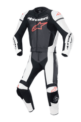 Alpinestars GP Force Lurv 2-Piece Leather Suit, Two-Piece Motorcycle Racing Suit, Black White and Red Fluo, featuring bold Alpinestars branding on the chest, perforated leather panels for ventilation, and integrated protective armor for trackday performance