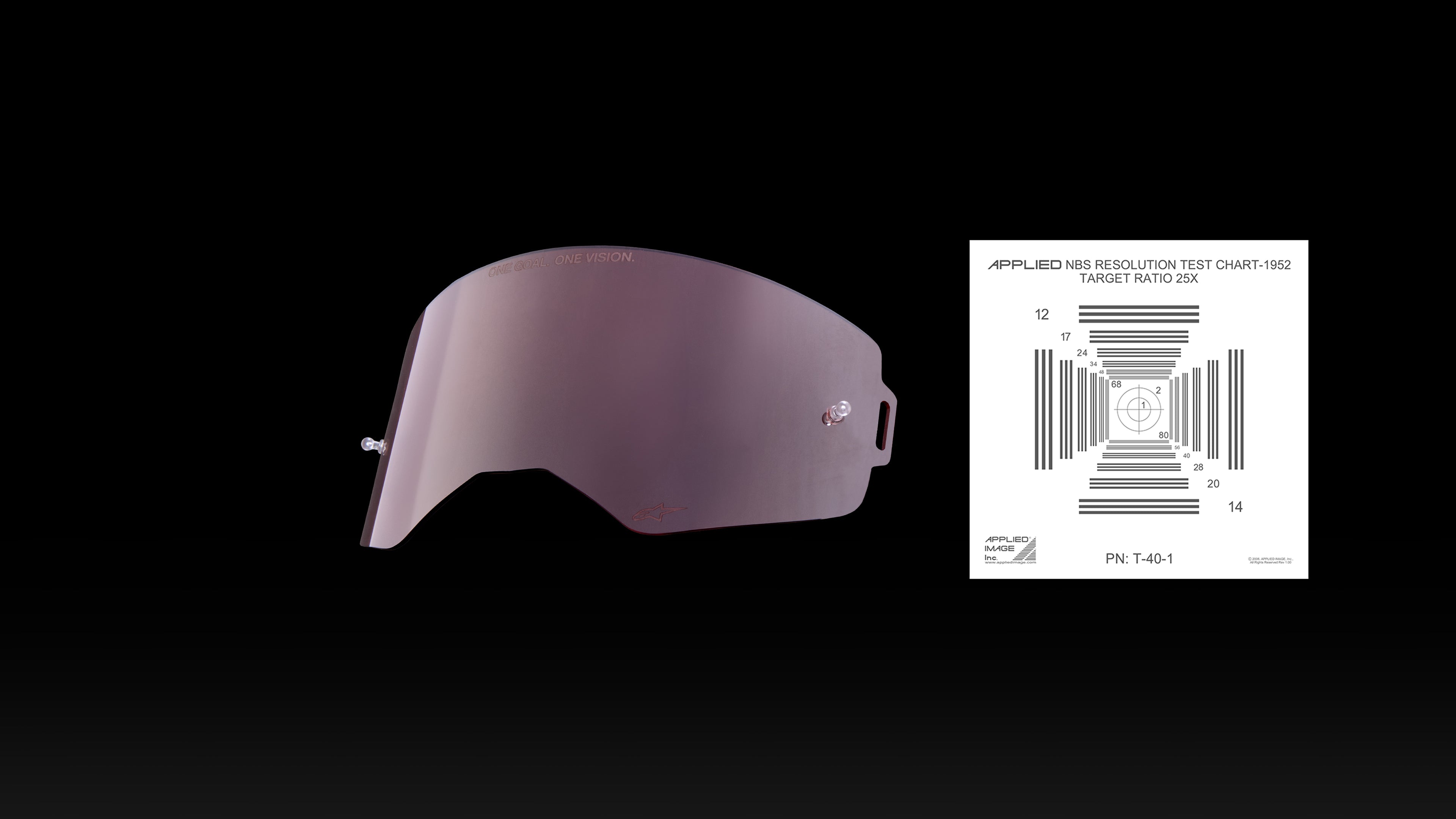 Alpinestars rose-tinted motorcycle lens, shown next to a resolution test chart to illustrate optical clarity.