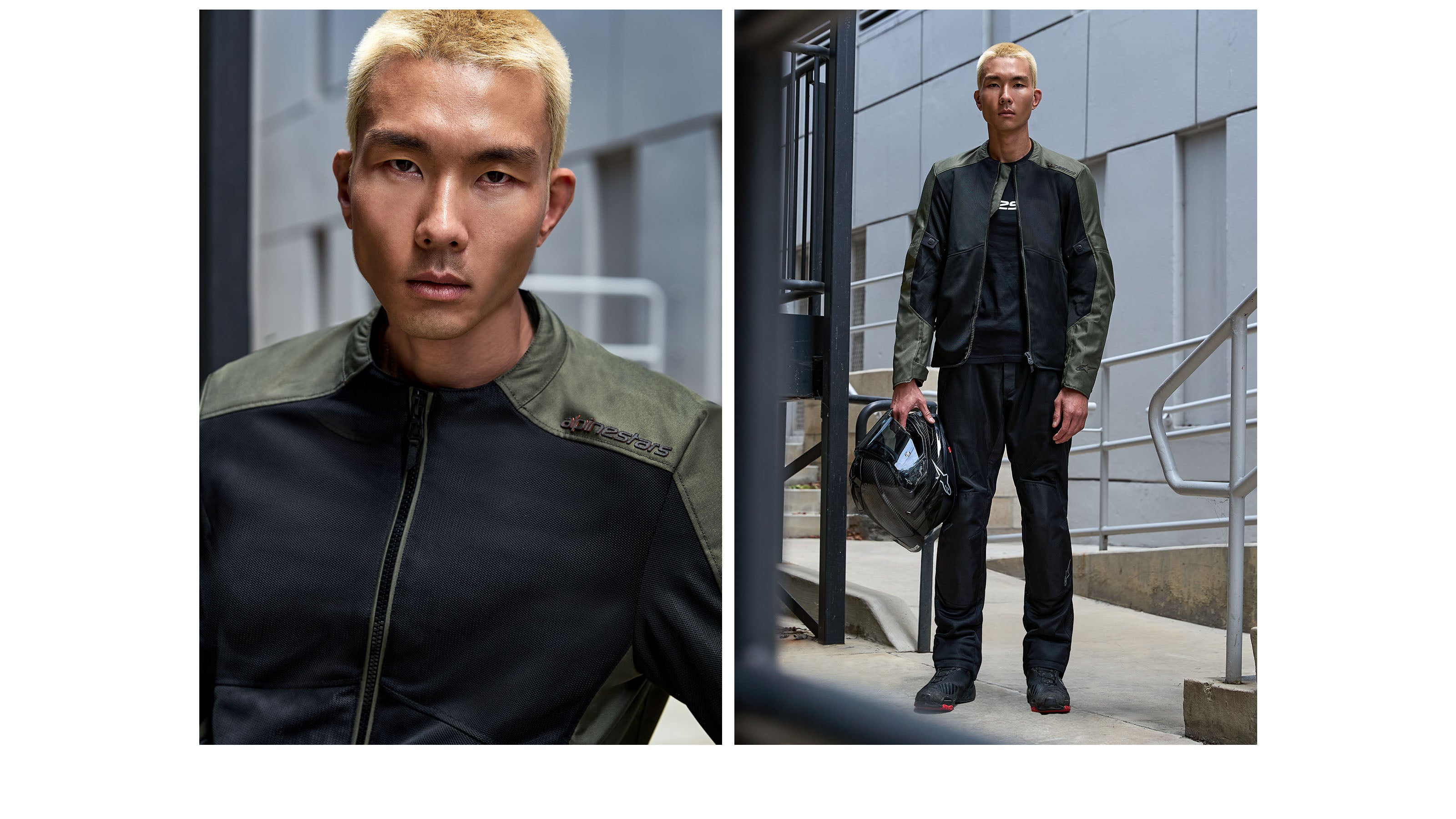 Alpinestars C-1 Air Jacket, Men's Urban Motorcycle Jacket in olive green and black, with tech mesh ventilation and a helmet.