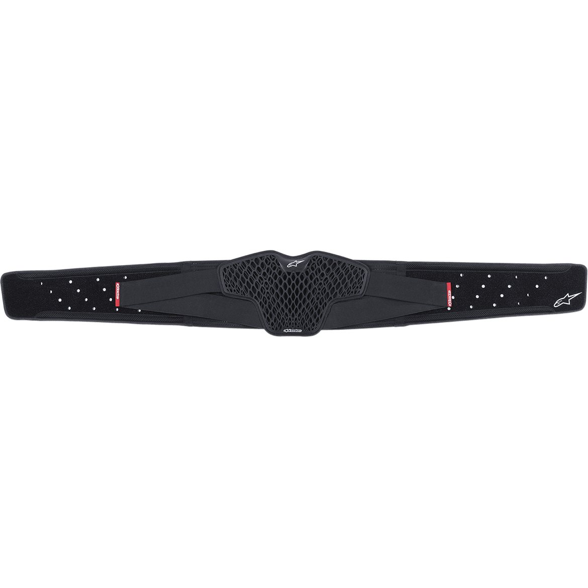 Alpinestars Youth Sequence Kidney Belt, Black, featuring a central honeycomb TPR CELL ventilation panel, perforated elastic straps with red labels and white Alpinestars logos, ergonomic lumbar support for youth motocross riders