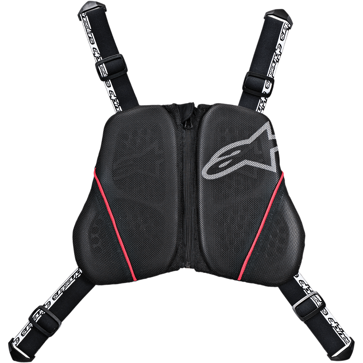 Alpinestars Nucleon KR-C Chest Harness, Motorcycle Chest Protector, Black with Red accents and white logo, mesh ventilated panels with central zipper, adjustable black straps featuring white branding, premium protective gear for road riding